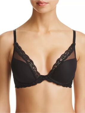 Natori Black Lace Plunge Bra with Sheer Mesh Insets
